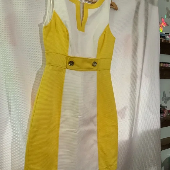 Studio Y Yellow and White Sheath Mini Dress Plunge Neckline - Picture 3 of 4